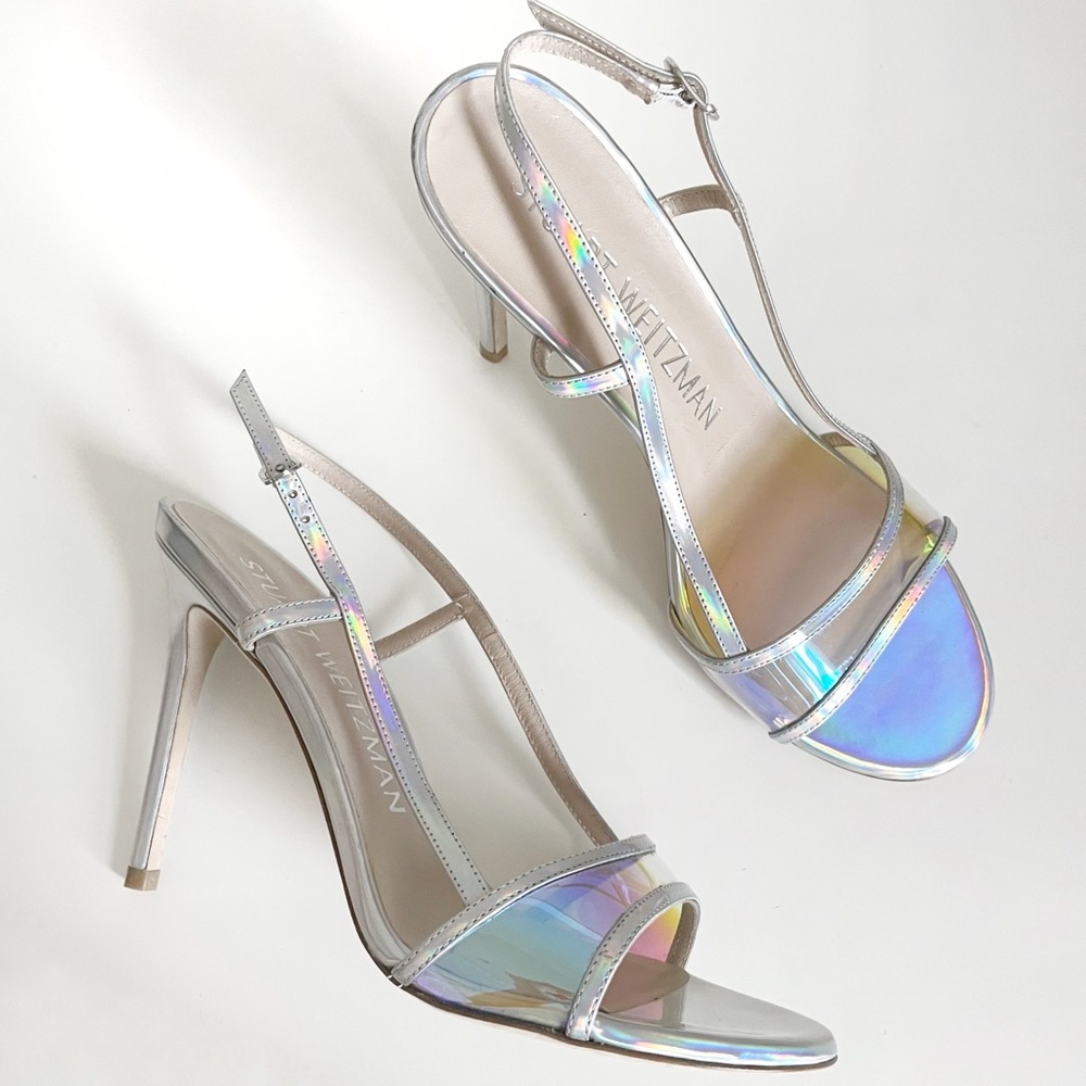 NEW Stuart Weitzman Mondrian 100 Sandal Heel Holographic Silver Aurora Chrome